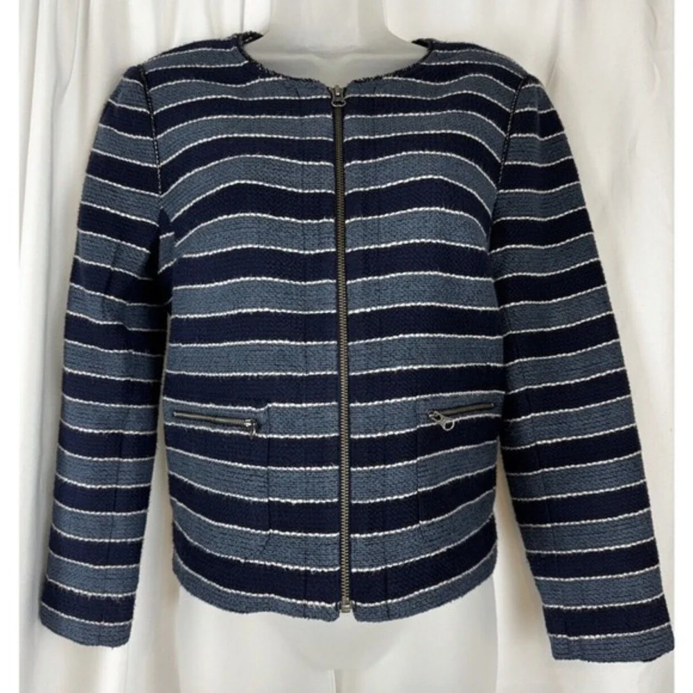 LOFT Navy Blue Striped Full Zip Textured‎ Cotton Blend Jacket 6 Nautical 53-11